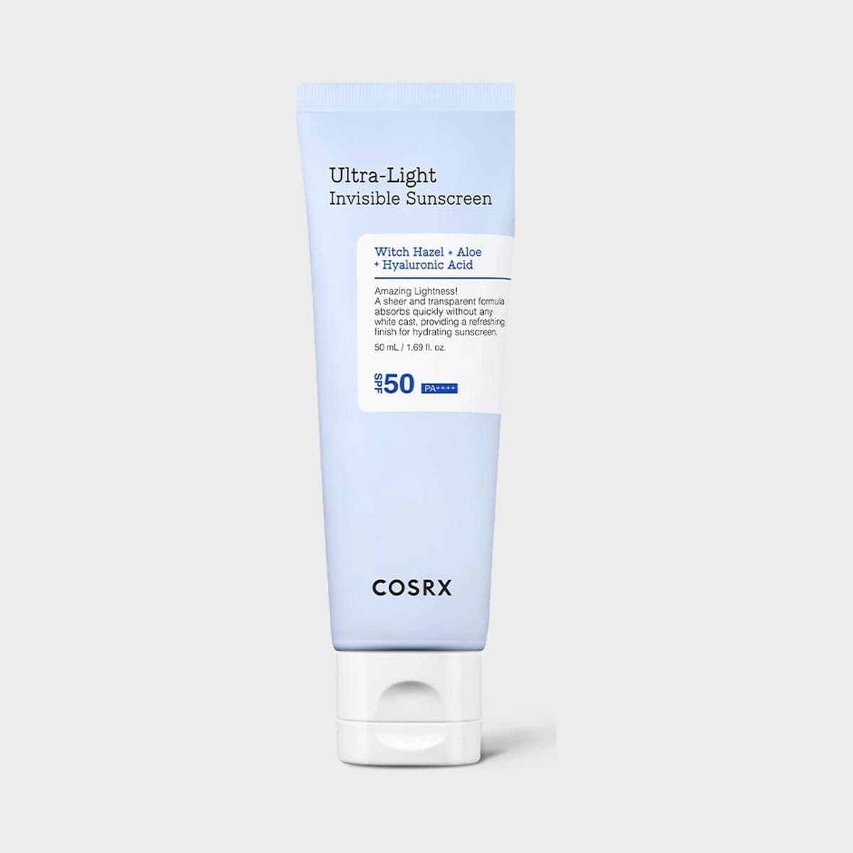 Tubo azul de COSRX Ultra-Light Invisible Sunscreen SPF50 PA++++ de 50 ml