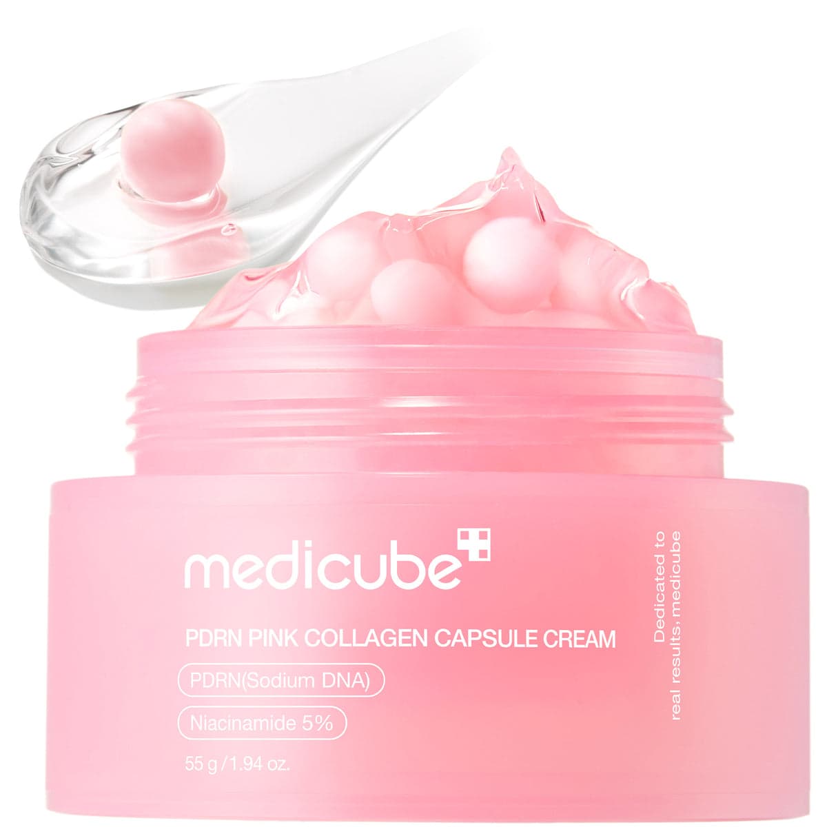 Tarro rosado abierto de medicube PDRN Pink Collagen Capsule Cream mostrando las cápsulas