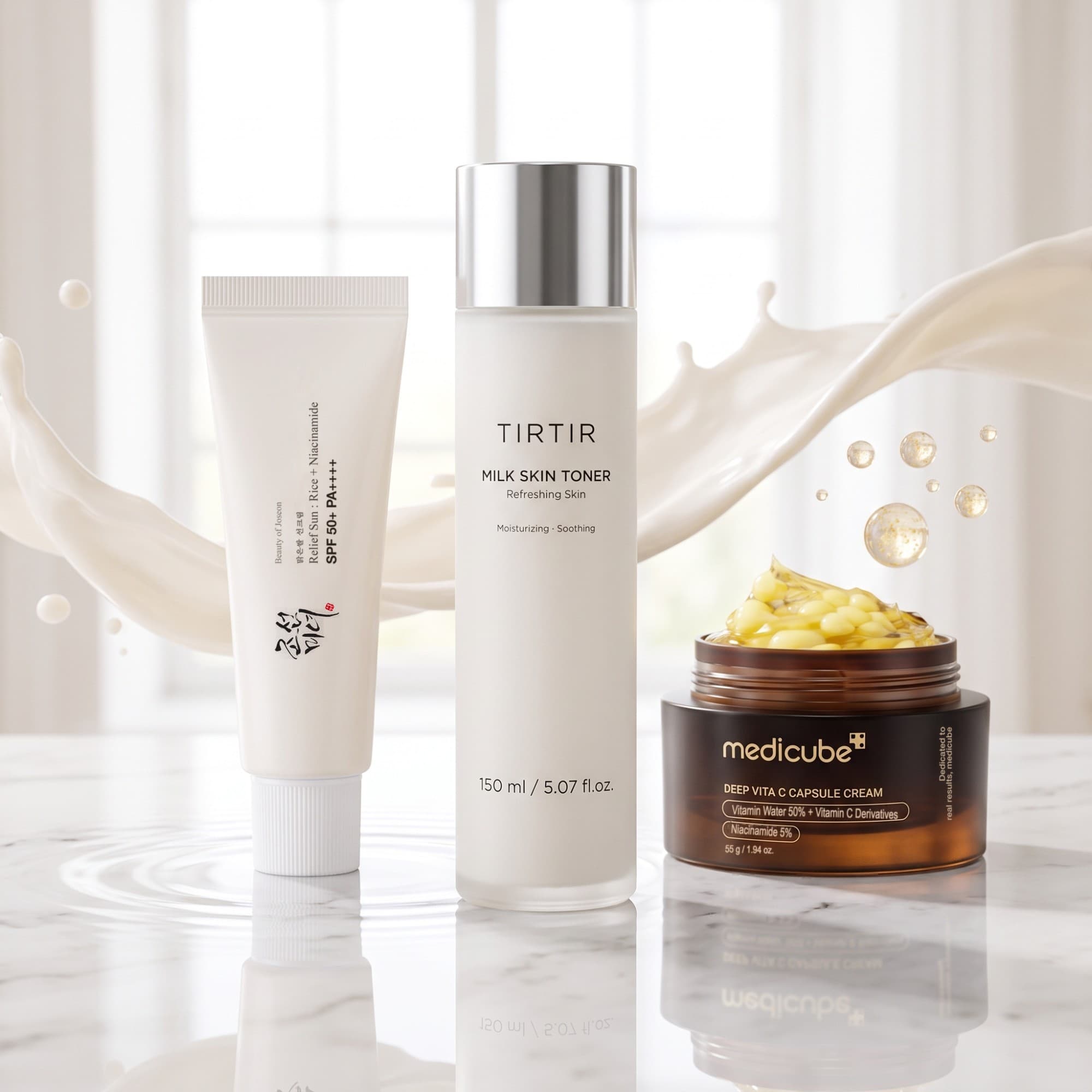Combo Ritual Glass Skin con Beauty of Joseon Relief Sun, TIRTIR Milk Skin Toner y Medicube Deep Vita C Capsule Cream
