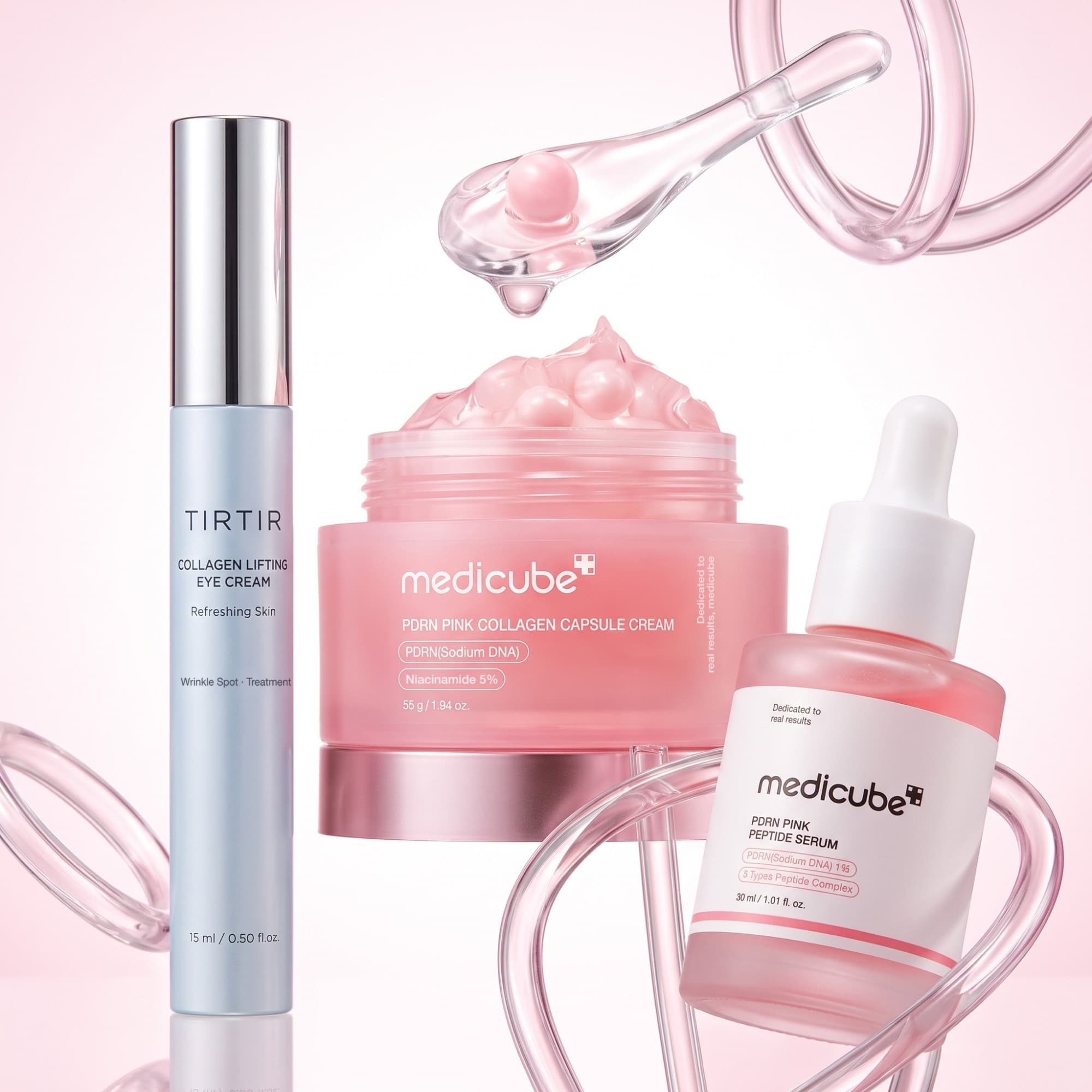 Combo Ritual Lifting & Repair con el sérum y la crema PDRN de medicube junto a la crema de ojos de TIRTIR