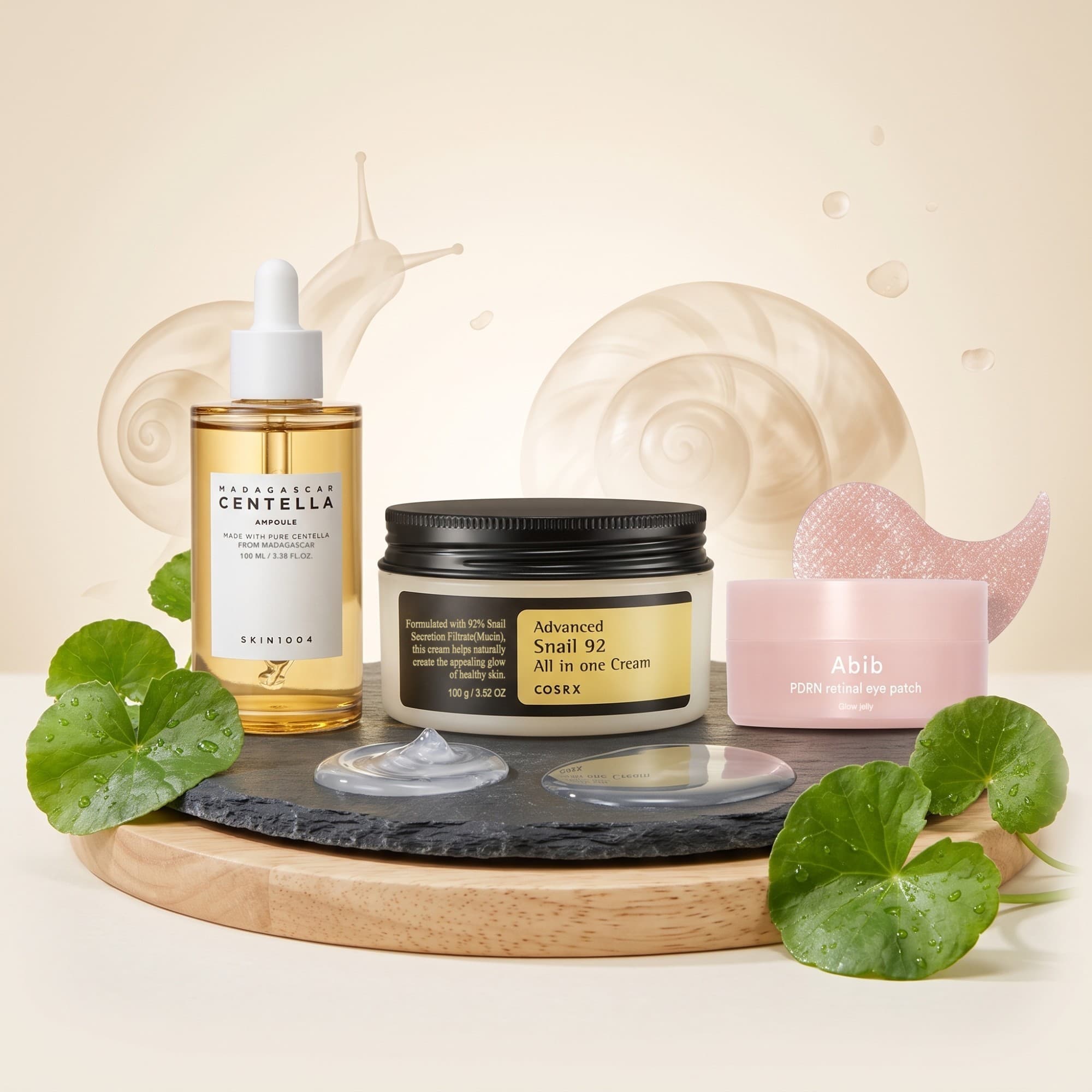 Combo Ritual Snail y Calma con SKIN1004 Centella Ampoule, COSRX Advanced Snail 92 Cream y Abib PDRN Retinal Eye Patch