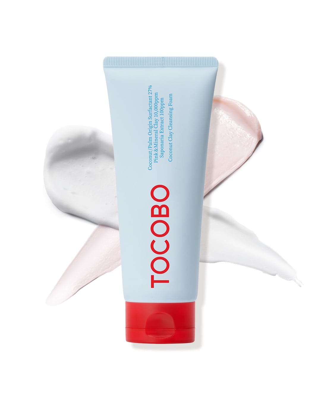 Tubo azul de TOCOBO Coconut Clay Cleansing Foam junto a una textura de espuma rosada